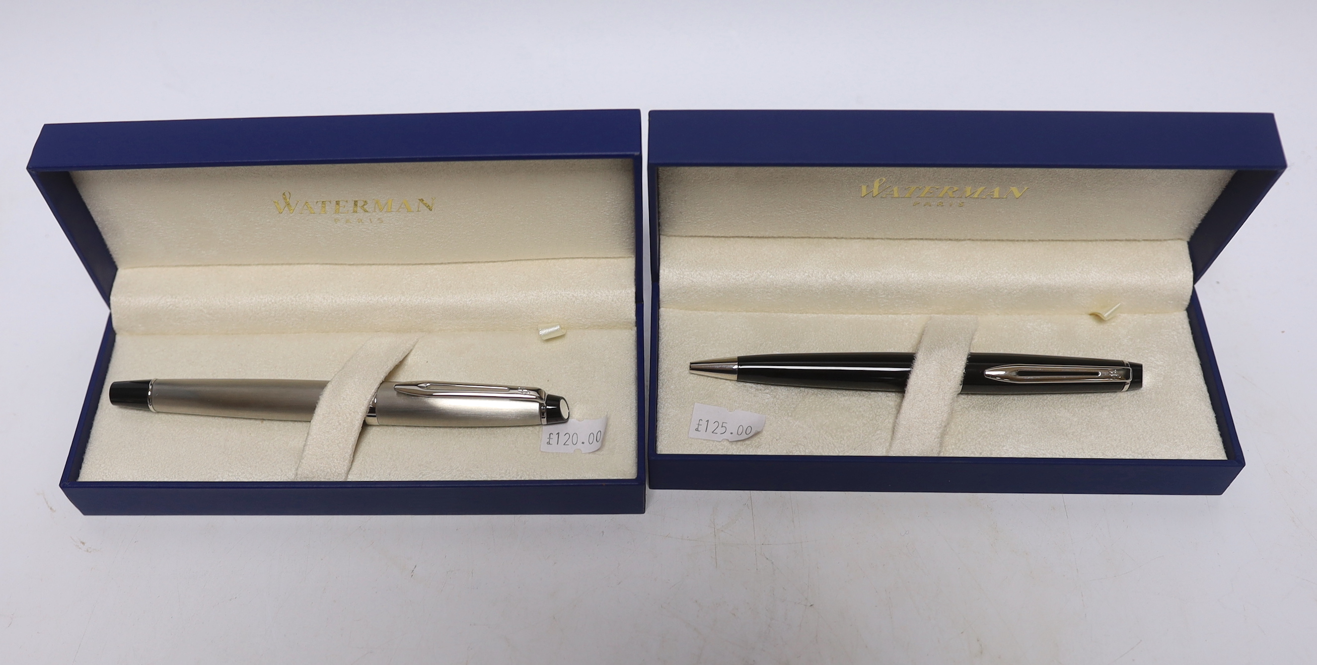 Six boxed Waterman pens; three Expert Rollerball pens, two Expert Ballpoint pens, and a Hemisphere Rollerball pen